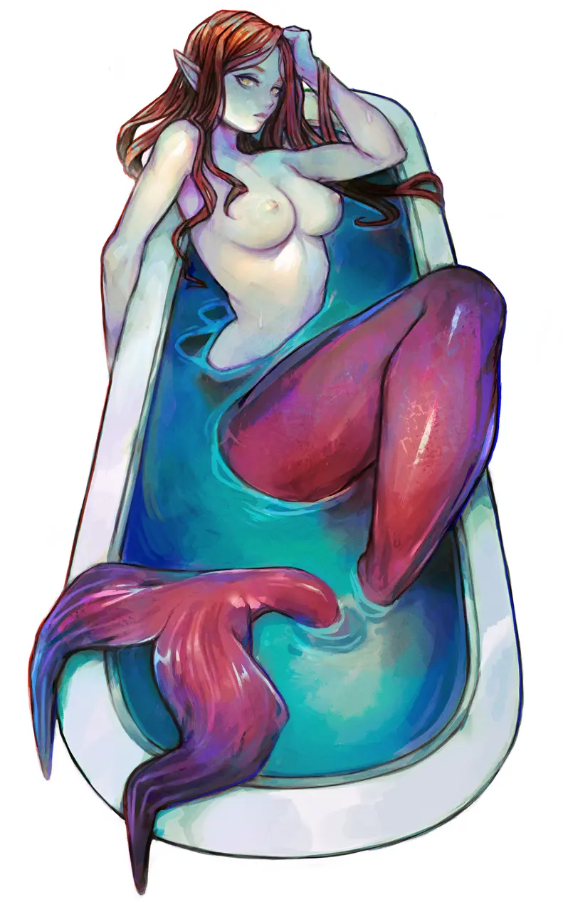 Image 1girls,breasts,female,long_hair,solo,nude,water,orange_hair,pointy_ears,mermaid,red_scales,red_tail,narrow_waist,hand_in_hair,bathtub,merfolk,nymse,copper_hair