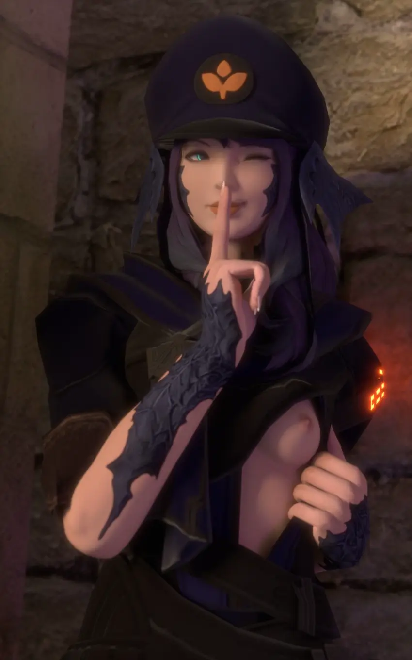 Image 1girls,breasts,breasts_out,clothed,female,light_skin,open_shirt,shirt_pull,solo,hat,horns,solo_female,purple_hair,3d,blender,outdoors,final_fantasy,final_fantasy_xiv,scales,smirk,fully_clothed,horned_humanoid,flashing,flashing_breasts,exhibitionism,showing_off,shushing,au_ra,xaela,showing_breasts,horned_female,ingame_model,limbal_ring,notablyfishy,player_character