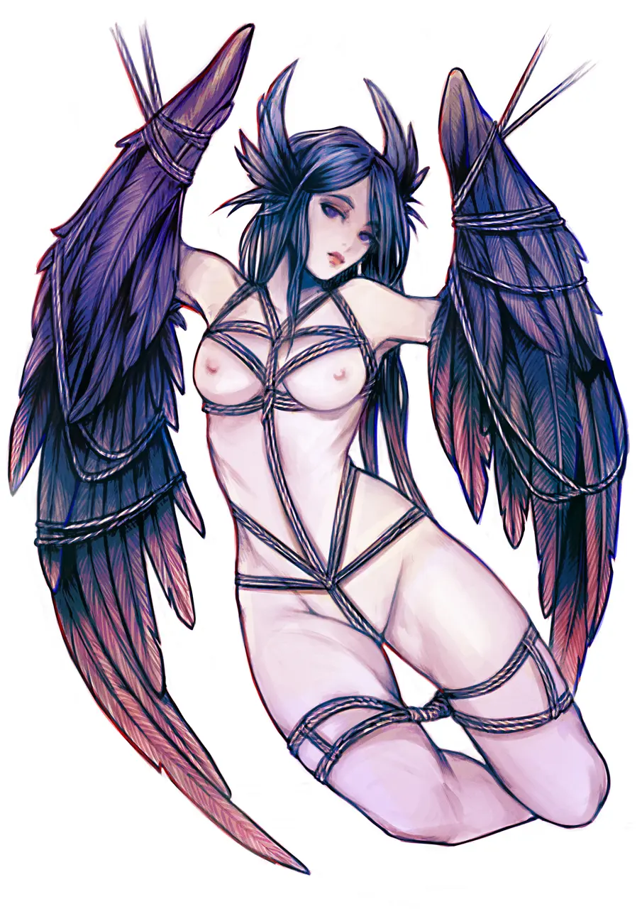 Image 1girls,breasts,female,light-skinned_female,light_skin,solo,white_background,nude,feathered_wings,wings,purple_eyes,purple_hair,bondage,curtains_match_windows,feather_hair,rope_bondage,winged_arms,harpy,purple_feathers,nymse