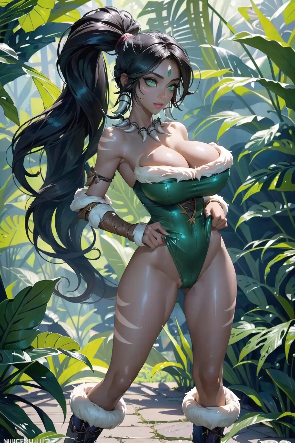 Image 1girls, big_breasts, breasts, female, female_only, large_breasts, long_hair, looking_at_viewer, shiny_skin, black_hair, earrings, female_focus, ponytail, ai_generated, earring, shiny, huge_breasts, green_eyes, artist_request, black_hair_female, ear_piercing, skimpy, skimpy_clothes, breast_focus, league_of_legends, forest, forest_background, riot_games, long_hair_female, jungle, jungle_background, shiny_breasts, chest_focus, ear_piercings, ear_rings, forehead_gem, forehead_jewel, gem_on_forehead, jewel_on_forehead, jungle_girl, nidalee, ponytail_female, skimpy_costume, skimpy_outfit, tribal_markings, tribal_tattoo, tribal_tattoos, green_eyes_female, tooth_necklace, silence_ai_art