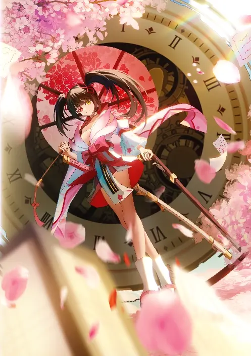 Image breasts,female,female_only,light-skinned_female,long_hair,red_eyes,solo,black_hair,thighs,cleavage,solo_female,dress,twintails,heterochromia,weapon,kimono,date_a_live,tokisaki_kurumi,clock