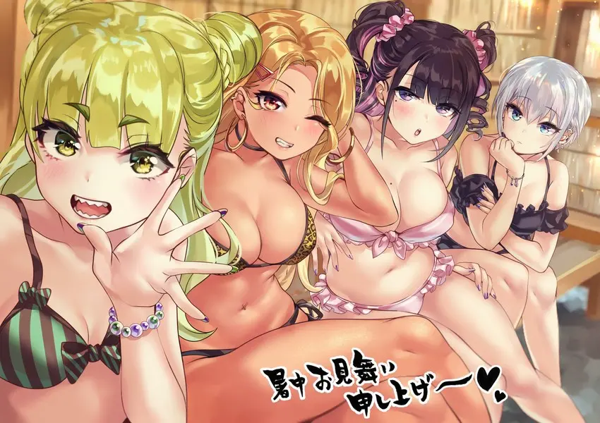 Image breasts,female,hair_ornament,highres,large_breasts,long_hair,looking_at_viewer,smile,white_hair,black_hair,blue_eyes,multiple_girls,navel,short_hair,yellow_eyes,bikini,earrings,multicolored_hair,eyelashes,grin,jewelry,teeth,pink_hair,piercing,blonde_hair,green_eyes,hairclip,sitting,swimsuit,original,mole,mole_on_breast,purple_eyes,double_bun,mole_under_eye,green_hair,sharp_teeth,scrunchie,thick_eyebrows,two-tone_hair,translated,bracelet,navel_piercing,hair_bun,multicolored_nails,twin_drills,commentary,eyes_visible_through_hair,4girls,drill_hair,multiple_piercings,frilled_bikini,gyaru,frills,long_eyelashes,focused,multiple_earrings,light_particles,fake_nails,kogal,himekawa_(shashaki),shashaki,osanai_(shashaki),otomore_(shashaki),kinjyou_(shashaki),shochuumimai
