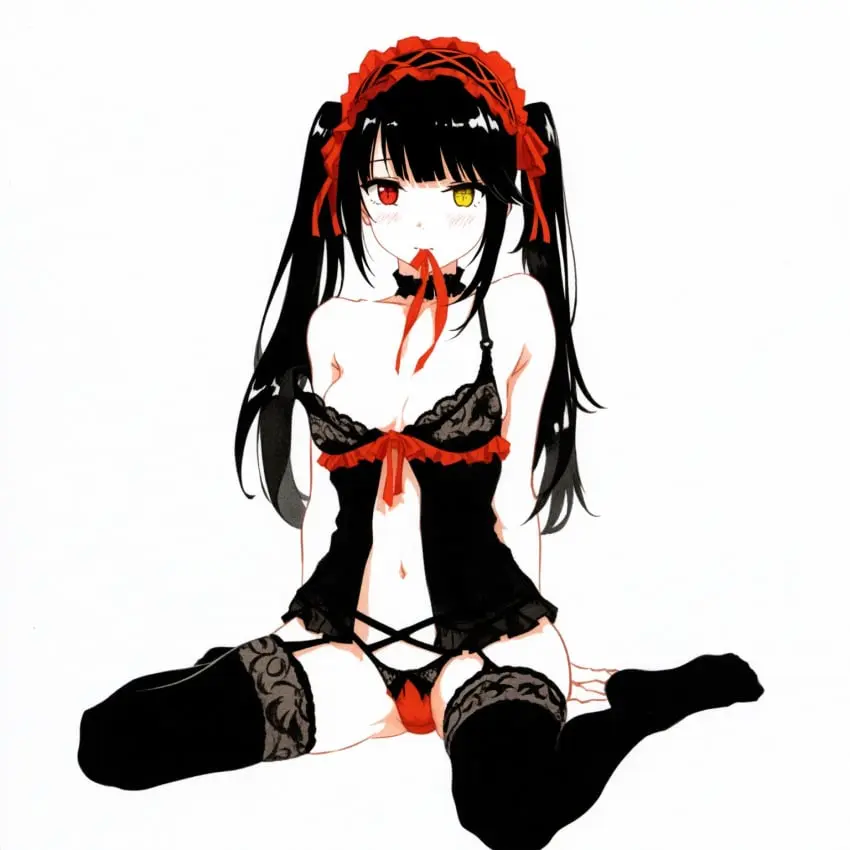 Image breasts,female,female_only,light-skinned_female,long_hair,red_eyes,solo,black_hair,underwear,thighs,belly,belly_button,lingerie,solo_female,twintails,heterochromia,date_a_live,tokisaki_kurumi