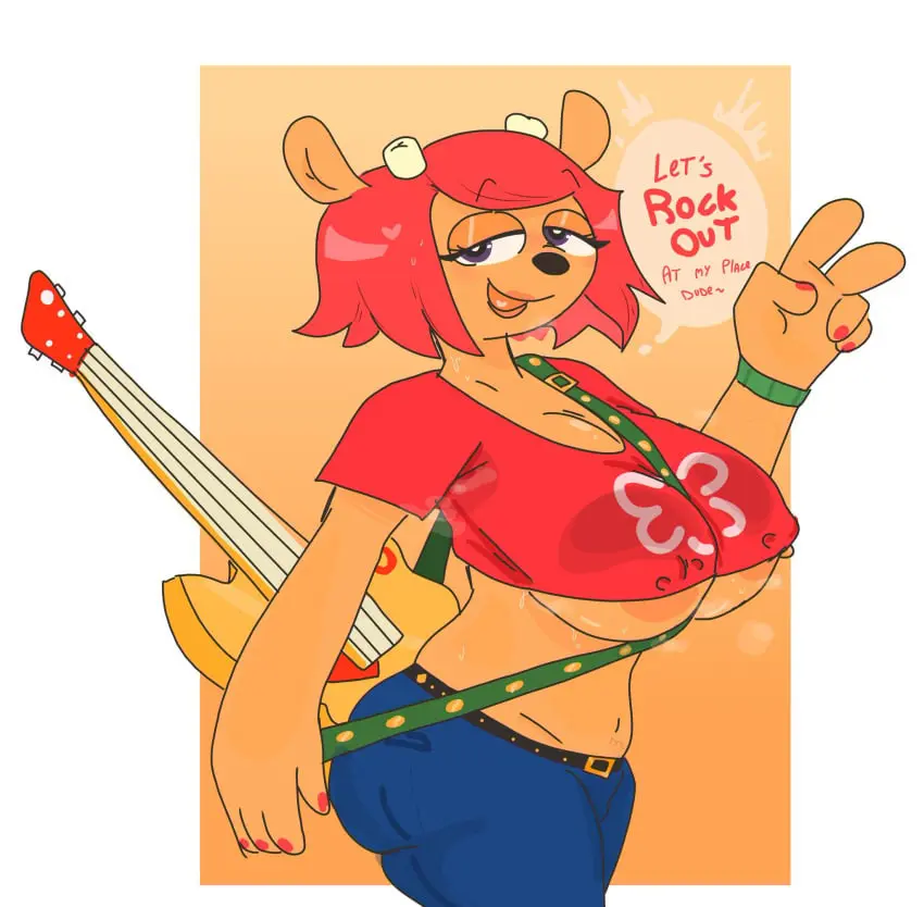 Image 1girls, big_breasts, breasts, clothing, female, sweat, red_hair, furry, ass, smiling, belly, belly_button, midriff, underboob, anthro, tagme, nail_polish, purple_eyes, horn, nipples_visible_through_clothing, nipple_bulge, sweaty_breasts, painted_nails, v, peace_sign, sweat_stain, lammy_lamb, parappa_the_rapper, um_jammer_lammy, wristwear, guitar, musical_instrument, errorplush, small_horns