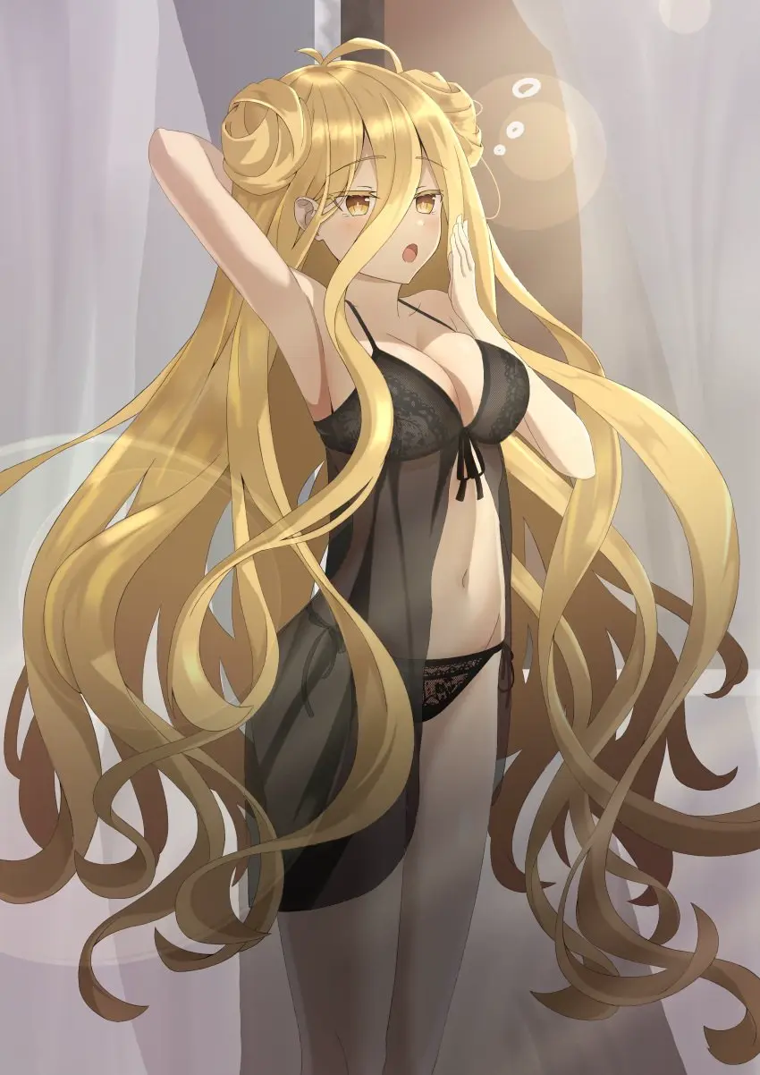 Image breasts,female,light-skinned_female,long_hair,solo,yellow_eyes,underwear,ass,thighs,belly,belly_button,cleavage,lingerie,solo_female,blonde_hair,date_a_live,hoshimiya_mukuro