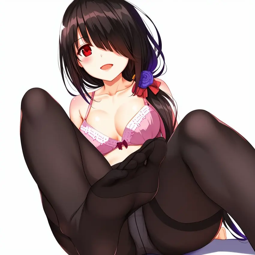 Image breasts,female,light-skinned_female,long_hair,red_eyes,solo,black_hair,bra,panties,underwear,feet,solo_female,pantyhose,date_a_live,tokisaki_kurumi,transparent_clothing,visible_underwear