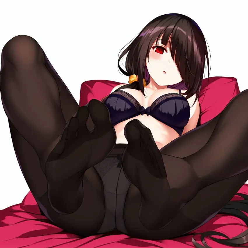 Image breasts,female,light-skinned_female,long_hair,red_eyes,solo,black_hair,bra,panties,underwear,feet,ai_generated,solo_female,pantyhose,novelai,date_a_live,tokisaki_kurumi,transparent_clothing,visible_underwear,kanont