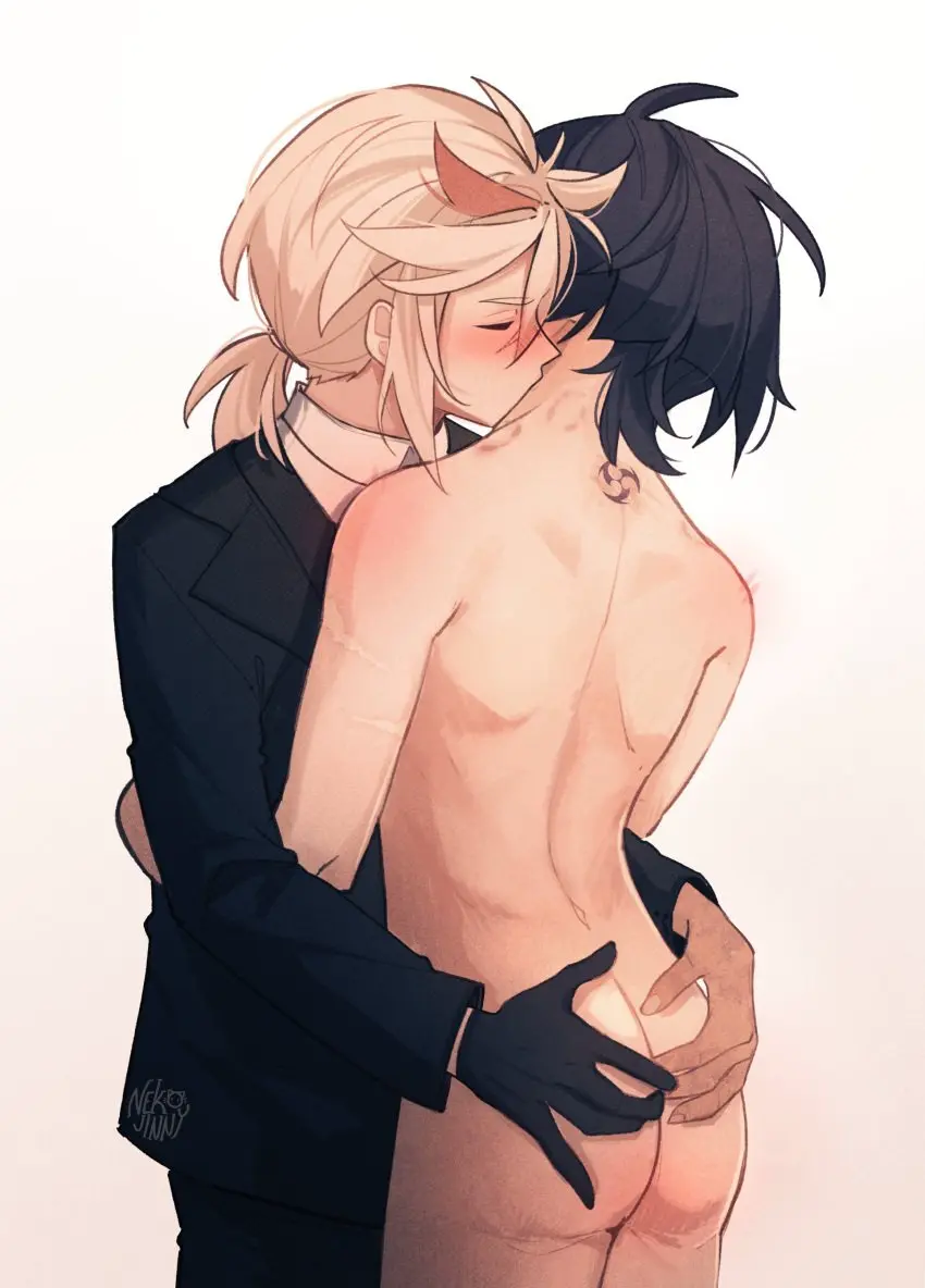 Image blush,highres,white_background,white_hair,absurdres,black_hair,male,short_hair,red_hair,multicolored_hair,2boys,yaoi,tattoo,closed_eyes,genshin_impact,multiple_boys,kissing,male_focus,low_ponytail,hickey,hug,hands_on_ass,suit,clothed_male_nude_male,bruise,kaedehara_kazuha,scaramouche_(genshin_impact),injury,kissing_neck,nekojinnyart