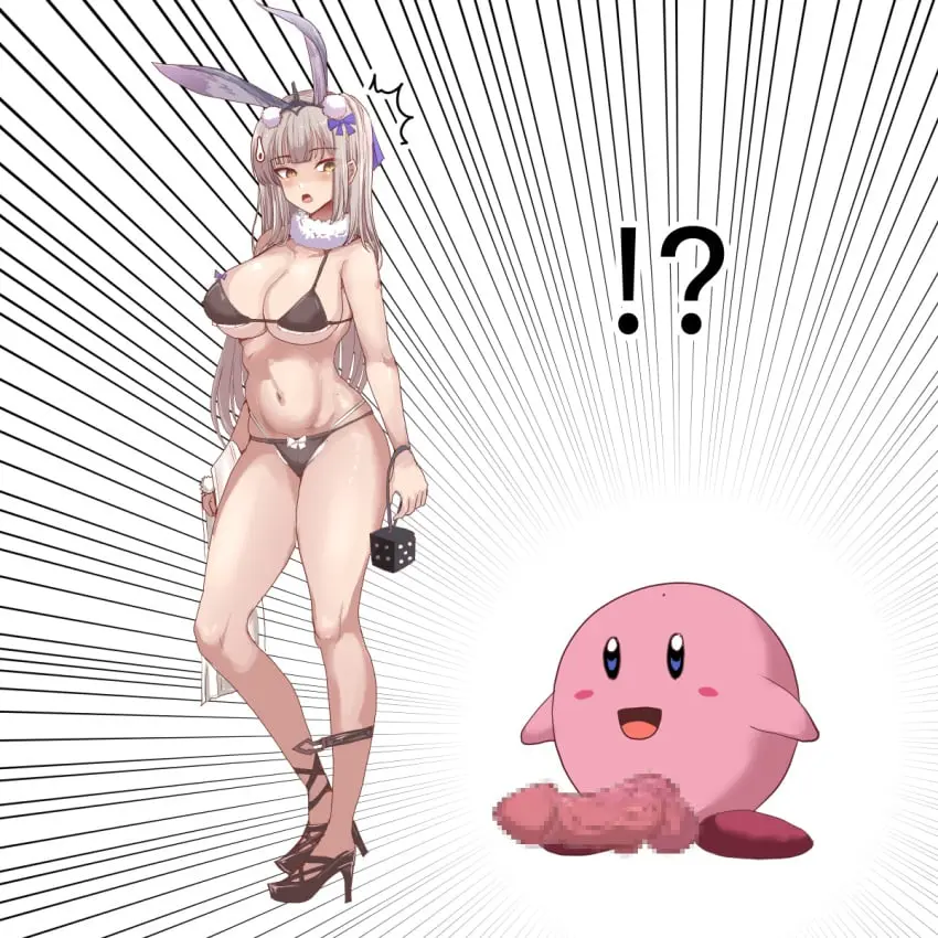 Image bow,breasts,female,grey_hair,hairbow,highres,large_breasts,long_hair,simple_background,white_background,animal_ears,penis,bikini,cleavage,what,swimsuit,censored,mosaic_censoring,rabbit_ears,sweatdrop,high_heels,closed_mouth,commentary_request,black_bikini,surprised,full_body,crossover,black_footwear,^^^,rabbit_girl,!?,looking_to_the_side,kirby_(series),blue_bow,mahjong_soul,emphasis_lines,pun,kirby,kaavi,holding_dice,tataeroero