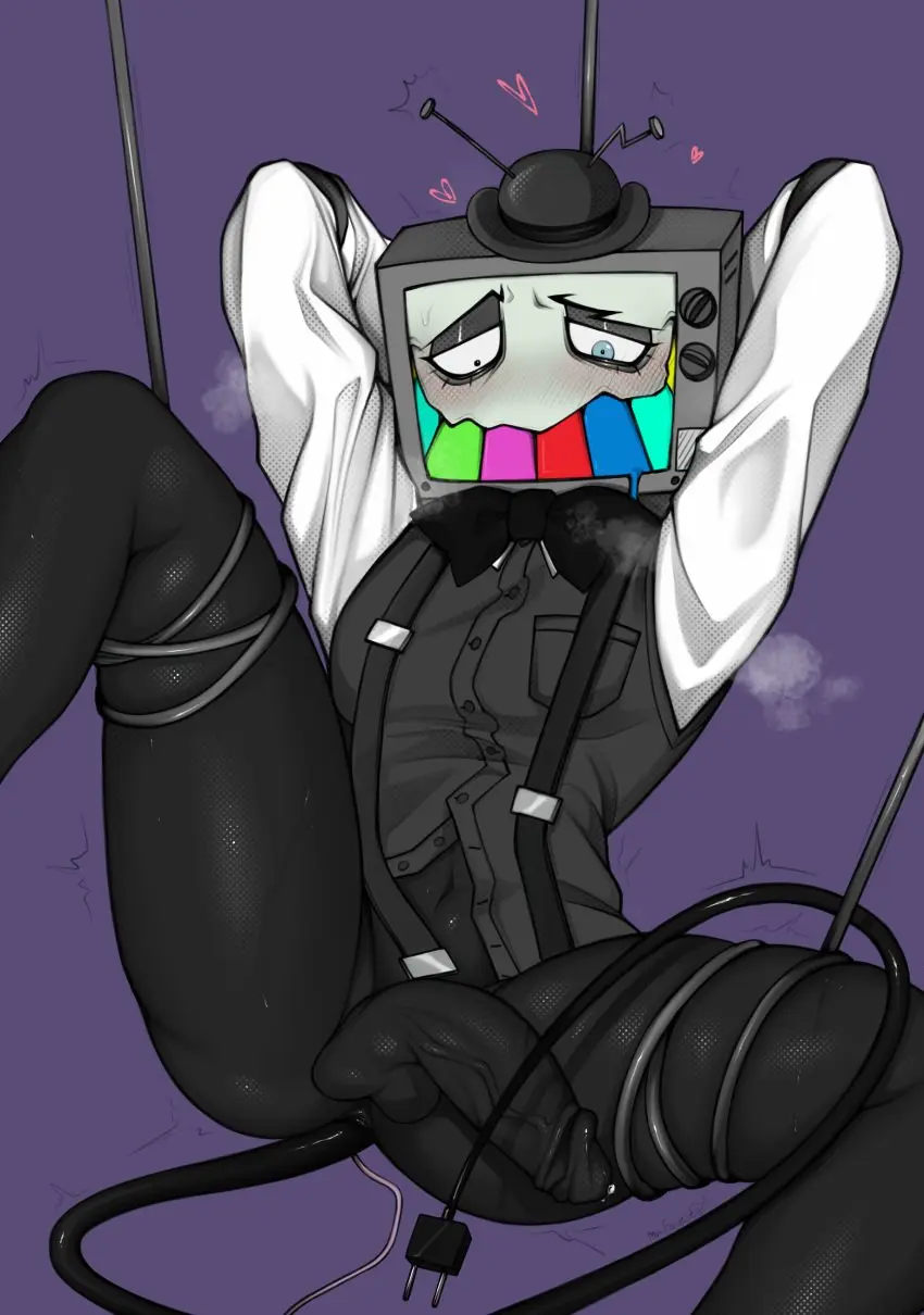 Image blush, solo, 1boy, blue_eyes, male, penis, sweat, hat, male_only, arms_behind_head, artist_name, grin, straps, drooling, looking_down, looking_pleasured, trembling, sweatdrop, artist_signature, black_body, heart, partially_clothed, bondage, steam, tied, cyborg, solo_male, suspension, tied_arms, purple_background, bowtie, hearts, object_in_ass, vest, tied_legs, crazy_eyes, cable, object_head, antennae, tv_head, smg4, blank_background, self-upload, mr._puzzles, object_instertion