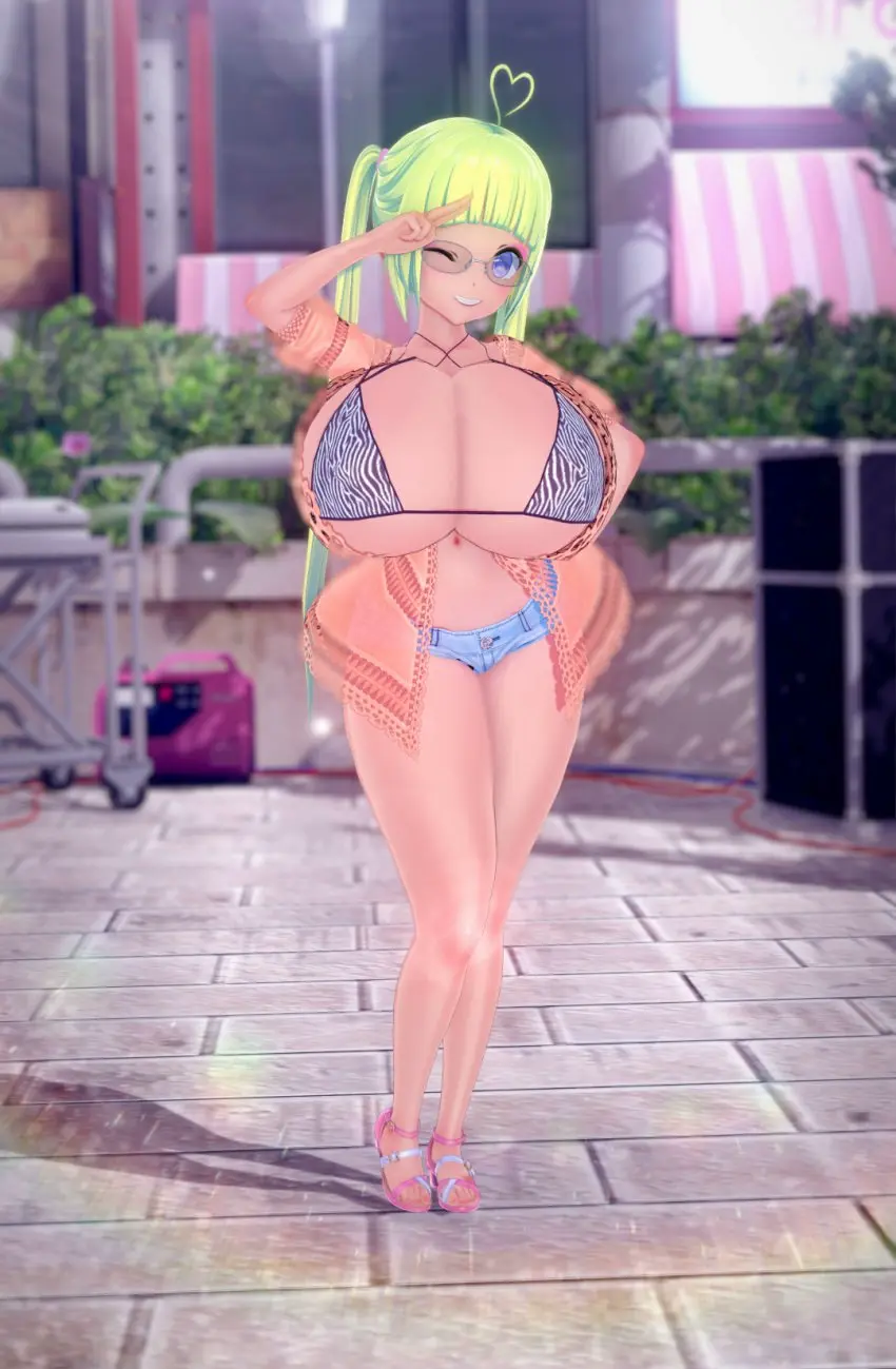 Image big_breasts,breasts,female,large_breasts,looking_at_viewer,bikini,glasses,huge_breasts,gigantic_breasts,massive_breasts,swimsuit,3d,green_hair,bimbo,koikatsu,shortstack,short_stack,faffoo