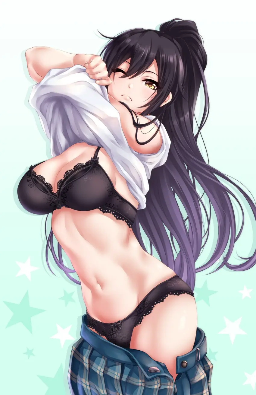 Image blush,bow,breasts,female,highres,large_breasts,long_hair,looking_at_viewer,solo,standing,black_hair,navel,yellow_eyes,bra,panties,underwear,ponytail,cleavage,one_eye_closed,school_uniform,black_panties,bow_panties,lifted_by_self,skirt,closed_mouth,idolmaster,pleated_skirt,commentary_request,clothes_lift,shirt_lift,stomach,high_ponytail,undressing,star_(symbol),lace_trim,black_bra,lace,lace-trimmed_bra,lace-trimmed_panties,idolmaster_shiny_colors,bow_bra,shirase_sakuya,;(,shashaki,aqua_background