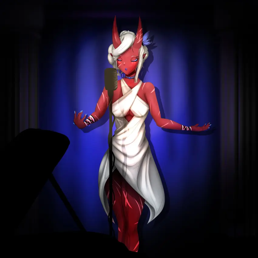 Image female,white_hair,yellow_eyes,virtual_youtuber,horns,red_skin,scars,akumi,oni,oni_horns,vyugen