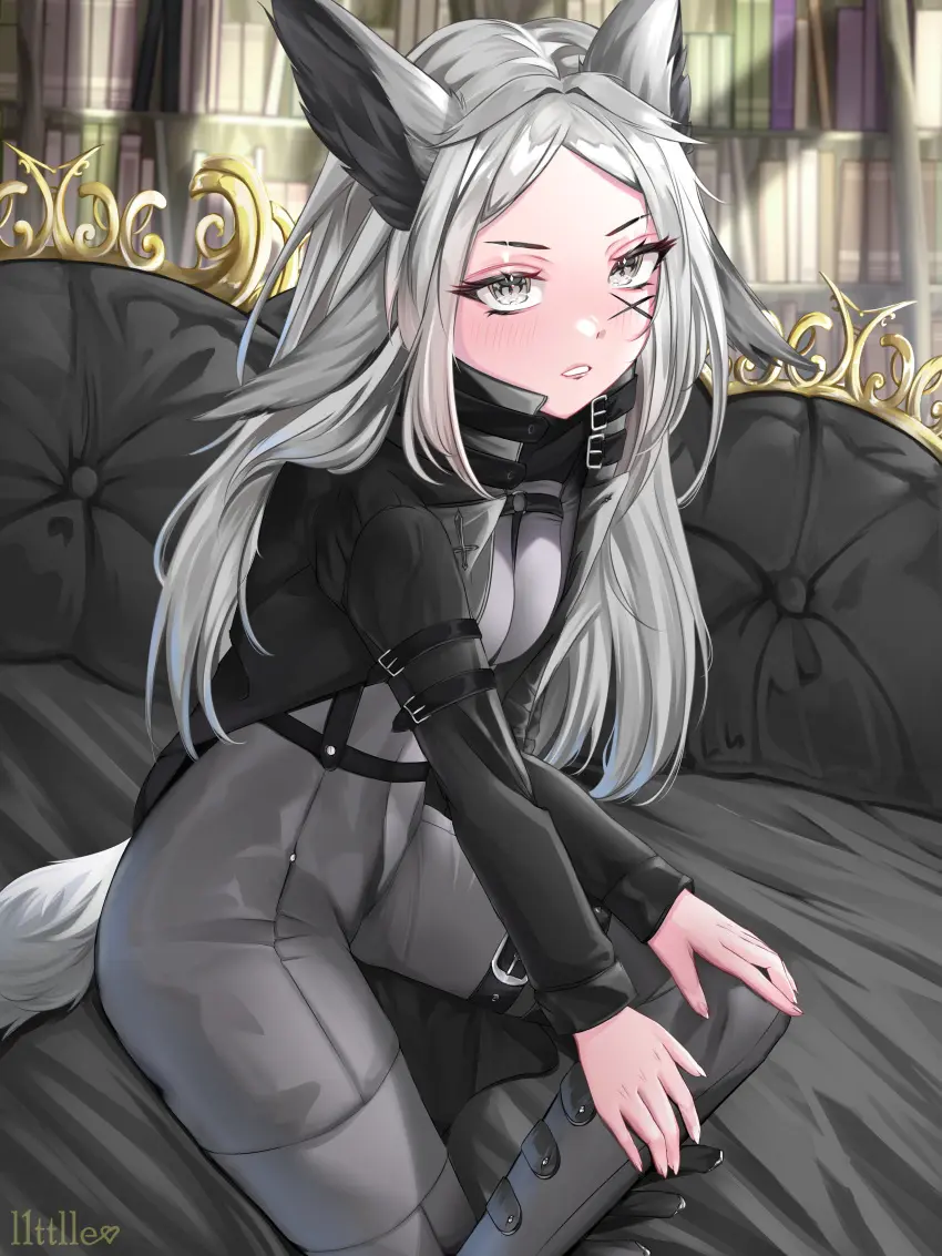 Image female,looking_at_viewer,red_eyes,white_hair,virtual_youtuber,fox_ears,vyugen,skin_tight,face_markings,dya_rikku_(vtuber)