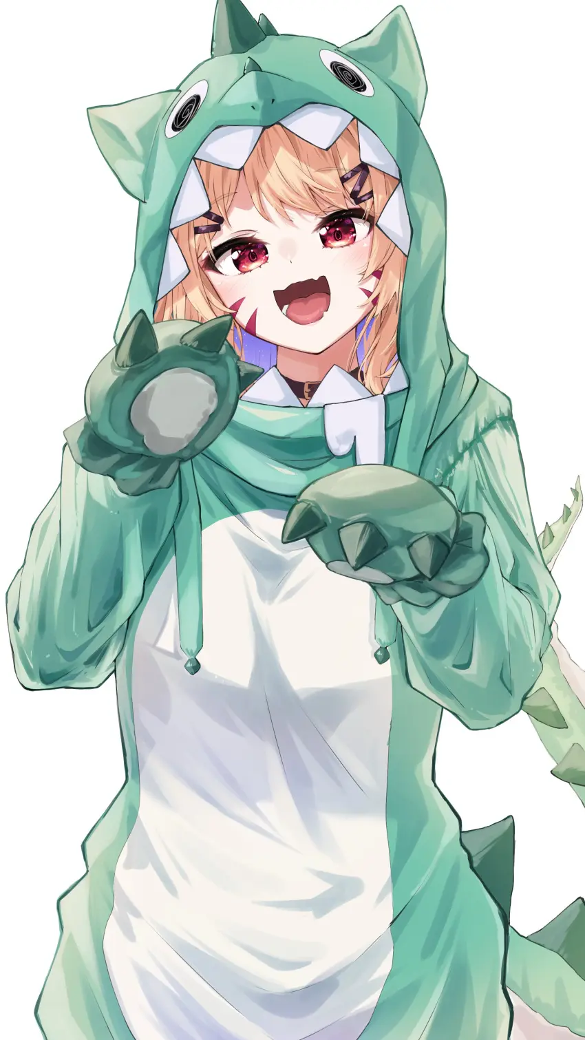 Image 1girls, blush, breasts, female, female_only, hair_ornament, long_sleeves, looking_at_viewer, open_mouth, red_eyes, shirt, smile, solo, white_background, animal_ears, bangs, cat_ears, catgirl, virtual_youtuber, eyebrows_visible_through_hair, blonde_hair, hairclip, cat_tail, hair_between_eyes, fangs, :d, hood, hood_up, vyugen, striped, face_markings, squchan_(vtuber), animal_hood