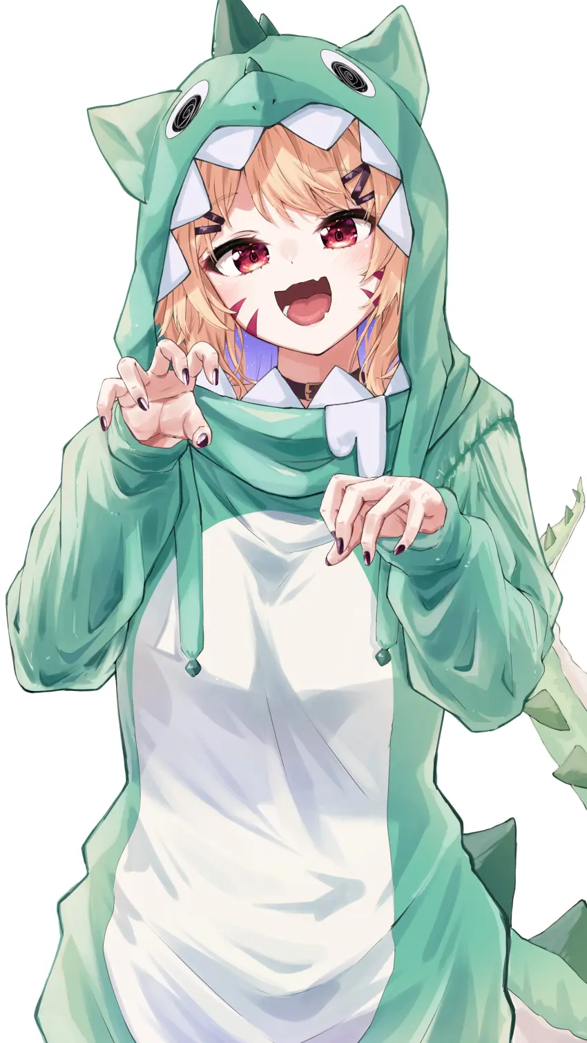 Image 1girls,blush,breasts,female,female_only,hair_ornament,long_sleeves,looking_at_viewer,open_mouth,red_eyes,simple_background,smile,solo,white_background,animal_ears,bangs,short_hair,cat_ears,catgirl,virtual_youtuber,eyebrows_visible_through_hair,blonde_hair,hairclip,nail_polish,mole,cat_tail,mole_under_eye,sharp_teeth,collar,fangs,:d,hood,hood_up,black_nails,vyugen,green_nails,red_nails,striped,face_markings,onesie,claw_pose,squchan_(vtuber),animal_hood