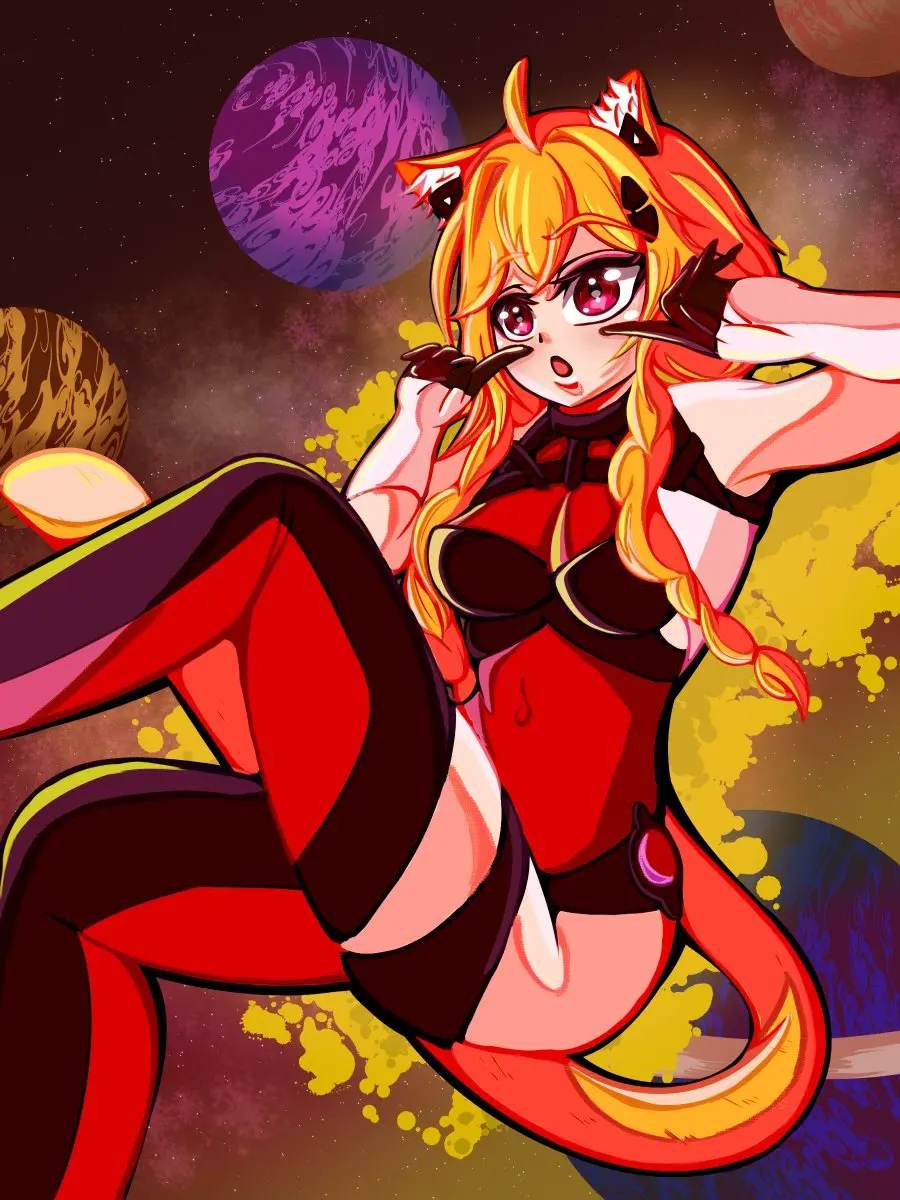 Image 1girls,breasts,female,female_only,large_breasts,long_hair,looking_at_viewer,open_mouth,red_eyes,solo,animal_ears,bangs,gloves,symbol-shaped_pupils,thighhighs,cat_ears,catgirl,virtual_youtuber,armpits,sky,eyebrows_visible_through_hair,orange_hair,blonde_hair,medium_breasts,pink_eyes,sitting,cat_tail,ahoge,moon,night,:o,heart,covered_navel,bodysuit,leotard,planet,space,vyugen,red_legwear,star_(symbol),night_sky,starry_sky,food,black_leotard,pilot_suit,star_(sky),red_moon,earth,red_leotard,squchan_(vtuber)