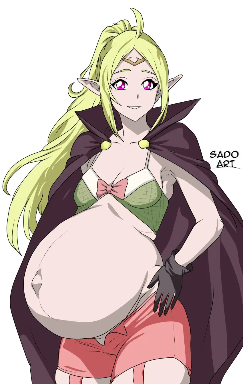 Image 1girls,breasts,female,female_only,long_hair,looking_at_viewer,smile,solo,very_long_hair,white_background,gloves,navel,small_breasts,thick_thighs,thighs,ponytail,bare_thighs,big_belly,cleavage,grin,popped_navel,pregnant,blonde_hair,pink_eyes,pointy_ears,ahoge,nintendo,skindentation,cape,shorts,fire_emblem,fire_emblem_awakening,yellow_hair,garter_straps,nowi_(fire_emblem),sado_art