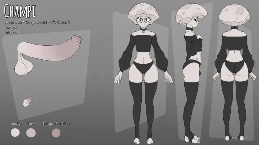 Image simple_background,1boy,male,penis,thighhighs,choker,panties,big_penis,femboy,side_view,balls,huge_cock,original_character,1femboy,small_penis,big_balls,oc,huge_balls,back_view,front_view,bulge_through_clothing,crop_top,mushroom,reference_sheet,toeless_legwear,reference,champaanimation,footless_stockings,champi_(oc),mushroom_humanoid,information,shoulderless_shirt,big_glasses,shoulderless_topwear,refference,refference_sheet