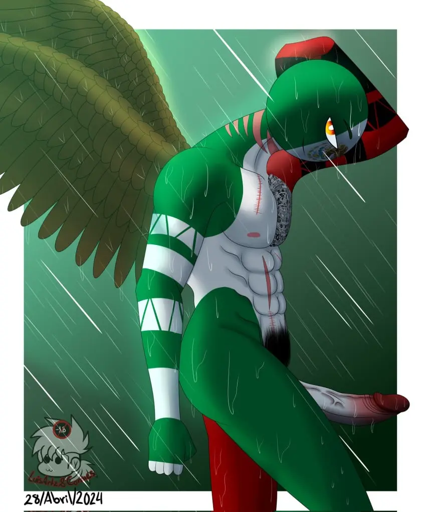 Image 1boy,male,penis,sweat,white_skin,erection,male_only,tattoo,wings,tagme,naked,green_skin,pubic_hair,dick,red_skin,scars,pubes,tattoo_on_chest,countryhumans,raining,luisartz_(artist),mexico_(countryhumans)