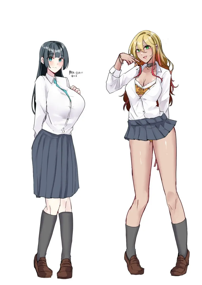 Image breasts,female,female_only,human,long_hair,open_clothes,open_mouth,2girls,bangs,black_hair,blue_eyes,blunt_bangs,multiple_girls,choker,bra,panties,underwear,cleavage,blonde_hair,green_eyes,original,original_character,school_uniform,skirt,necktie,yellow_panties,unbuttoned,leopard_print,leopard_print_bra,close_rim_open,gyaru,panty_peek,blonde_to_pink_hair