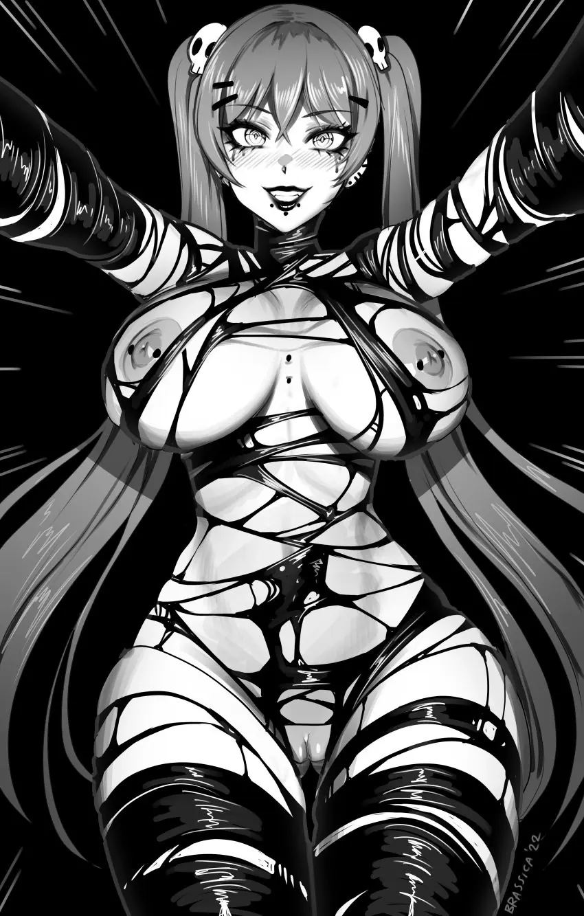Image blush,breasts,cowboy_shot,female,hair_ornament,highres,large_breasts,long_hair,nipples,smile,absurdres,pussy,earrings,artist_name,eyelashes,jewelry,ass_visible_through_thighs,thigh_gap,piercing,hairclip,lips,original,hair_between_eyes,twintails,monochrome,runny_makeup,bodysuit,nipple_piercing,torn_clothes,greyscale,barbell_piercing,torn_bodysuit,nipple_bar,brassica,skull_hair_ornament