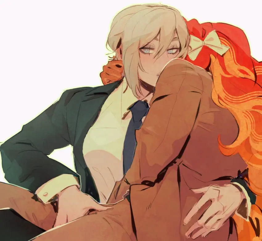 Image collared_shirt,female,grey_hair,highres,long_hair,long_sleeves,looking_at_viewer,shirt,simple_background,white_background,2girls,blue_eyes,multiple_girls,orange_hair,yuri,white_shirt,fingering,fingering_through_clothes,through_clothes,brown_jacket,jacket,necktie,bright_pupils,black_necktie,commentary,english_commentary,black_jacket,race_swap,white_pupils,project_moon,suit_jacket,limbus_company,hand_on_another's_waist,ishmael_(limbus_company),faust_(limbus_company),2400db,faust_(project_moon),ishmael_(project_moon)