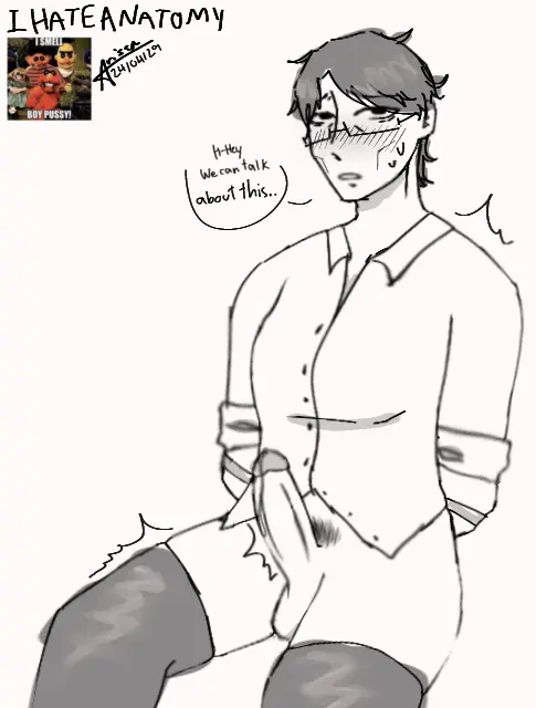 Image looking_at_viewer,solo,1boy,black_hair,male,penis,sweat,thighhighs,thick_thighs,male_only,glasses,text,stockings,gay,precum,blushing_at_viewer,precum_drip,thigh_highs,tied_hands,tied_up,precum_string,male_focus,solo_male,old_male,text_bubble,blush_lines,tied_arms,pubes,father,nervous,nervous_sweat,half-dressed,twink,roblox,gay_male,older_male,messy_hair,penis_out,stockings_thigh_highs,half_naked,roblox_game,buttoned_shirt,bad_anatomy,glasses_on_face,akihito_uchiumi,anatomy_fail,daishii,formal_clothes,help_me,the_mimic