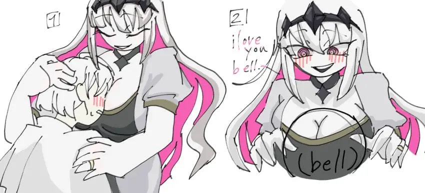 Image big_breasts,blush,breasts,female,white_hair,headgear,white_clothing,text,wholesome,fnf,fnf_mod,fnf_mods,friday_night_funkin,friday_night_funkin_mod,oc_x_canon,fnf_entity,nikusa_(sugarratio),bell_nova,infini-verse,nikusa,nikusa_(fnf)