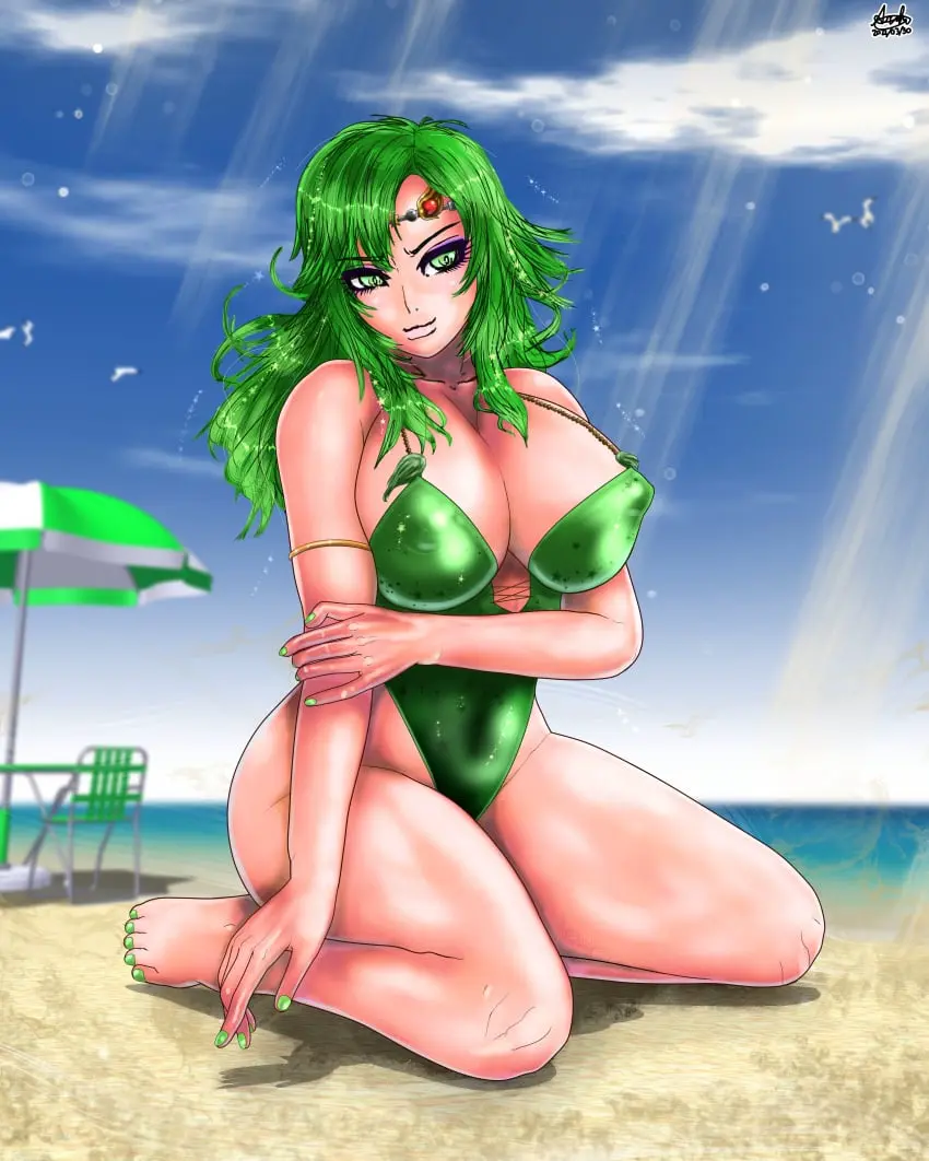 Image big_breasts,breasts,female,large_breasts,thick_thighs,thighs,beach,cleavage,huge_breasts,swimsuit,green_hair,bimbo,final_fantasy,huge_thighs,final_fantasy_iv,rydia,konsomeron