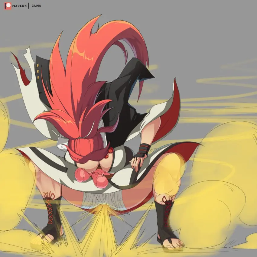 Image 1girls,breasts,female,large_breasts,long_hair,solo,red_hair,squatting,kimono,smell,fart,fart_cloud,guilty_gear,stinky,baiken,zaina_art99