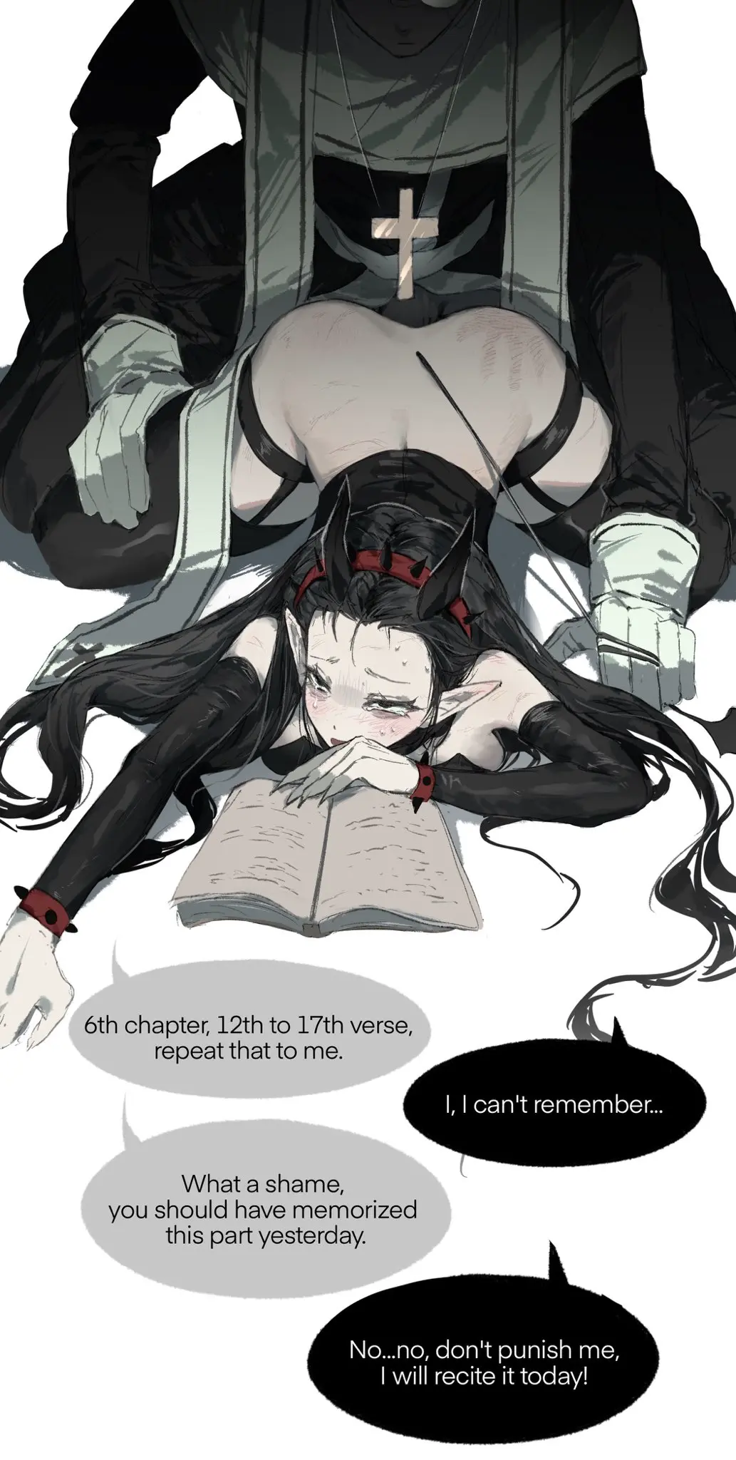 Image female, demon_girl, spank_marks, reading, project_moon, limbus_company, priest, aeng-du_(limbus_company), azkyykza, jun_(limbus_company)