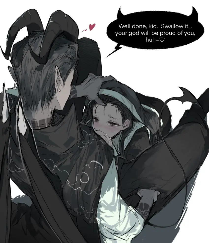Image hand_on_head,blowjob,nun,nun's_habit,project_moon,devil_horns,devil,limbus_company,aeng-du_(limbus_company),azkyykza,jun_(limbus_company)