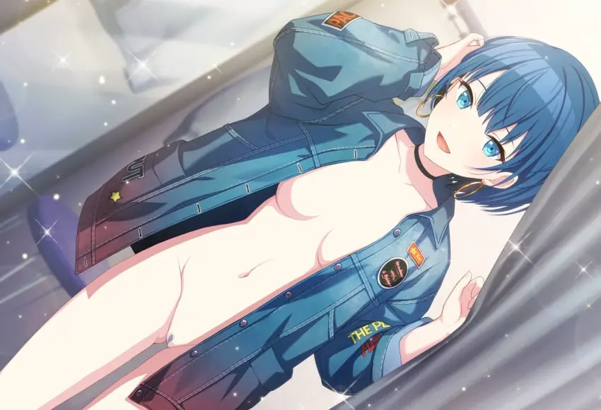 Image blush,breasts,female,female_only,blue_eyes,blue_hair,nude,pussy,earrings,smiling,nude_female,jacket,edit,edited,pussy_hair,more_more_jump!_(project_sekai),project_sekai,card_edit,kiritani_haruka,project_sekai_card_edit