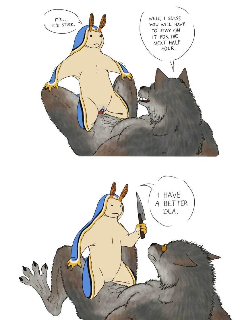 Image female,hi_res,male,penis,pussy,yellow_eyes,lying,on_back,sex,duo,intersex,cowgirl_position,male/male,anthro,text,absurd_res,canid,canine,canis,fur,grey_body,grey_fur,holding_object,mammal,wolf,dialogue,yellow_body,black_eyes,english_text,blue_body,marine,cuntboy,from_front_position,knot,yellow_skin,blue_skin,knotting,on_bottom,on_top,mollusk,knife,sea_slug,beady_eyes,holding_knife,slug,gastropod,aquatic_gastropod,ramul,rhinophores