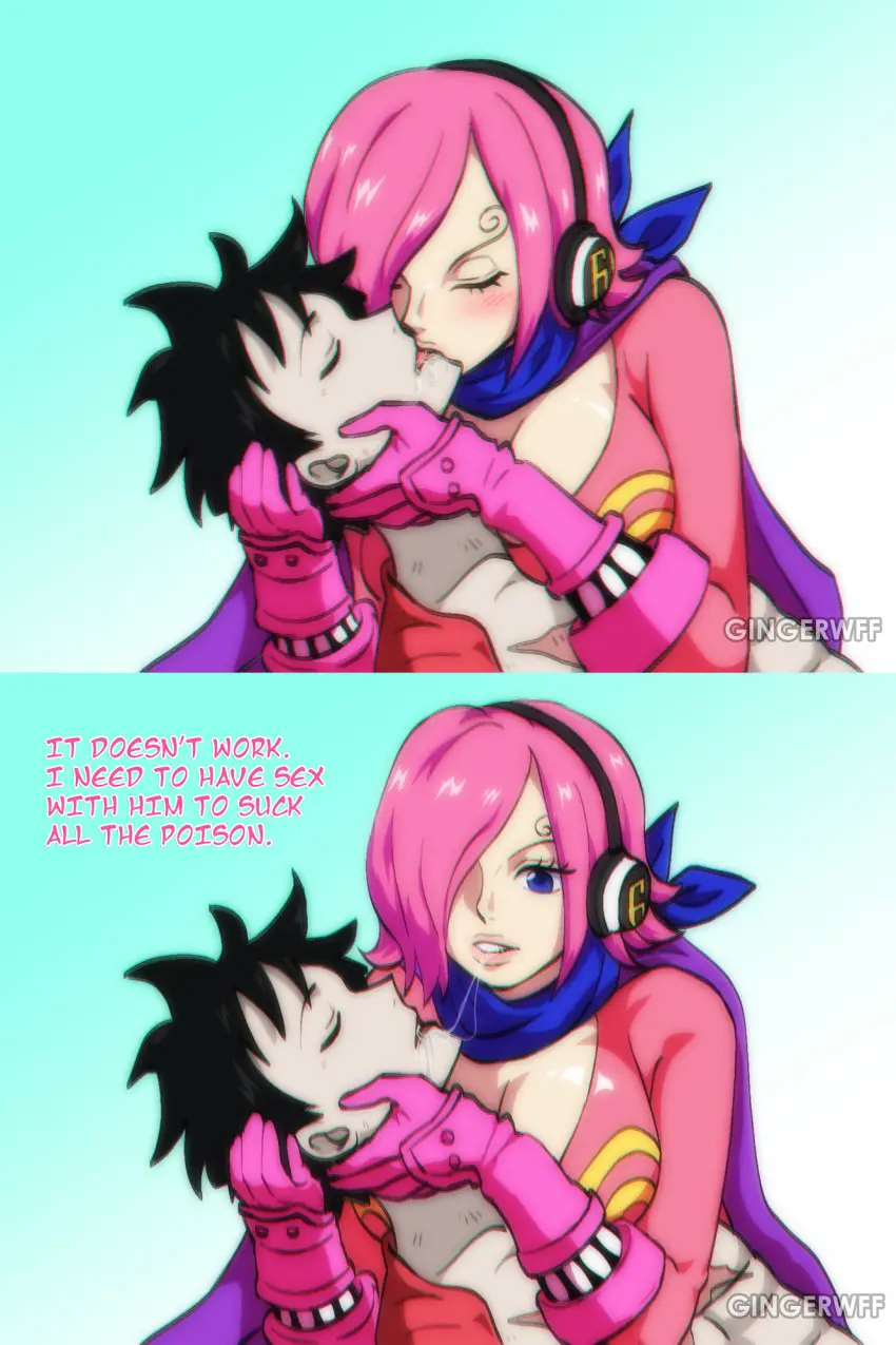 Image female,male,one_piece,saliva_string,saliva,kissing,saliva_trail,monkey_d_luffy,vinsmoke_reiju,gingerwff