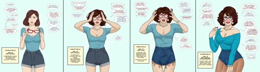 Image blue_eyes,milf,brown_hair,red_lipstick,shorts,mature,red_glasses,transformation,bulge_through_clothing,pantyhose,pink_blush,gender_transformation,blue_shirt,booty_shorts,red_nails,rings,corruption,cougar,transformation_sequence,pearl_earrings,bimbofication,pearl_necklace,blue_eyeshadow,age_progression,diggerman,auntie,fake_death