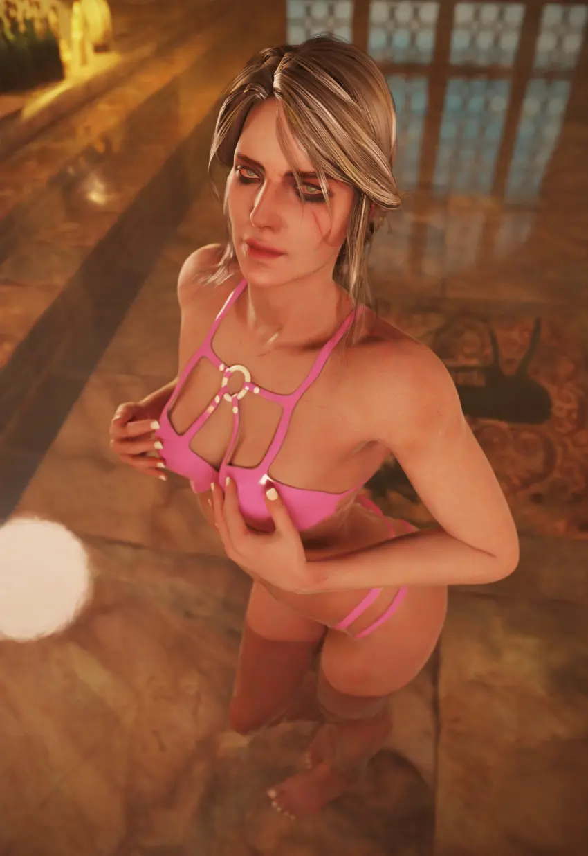 Image female,light-skinned_female,looking_at_viewer,solo,white_hair,doggy_style,green_eyes,swimsuit,3d,scar,ciri,the_witcher_(series),the_witcher_3:_wild_hunt,bath,robdecado