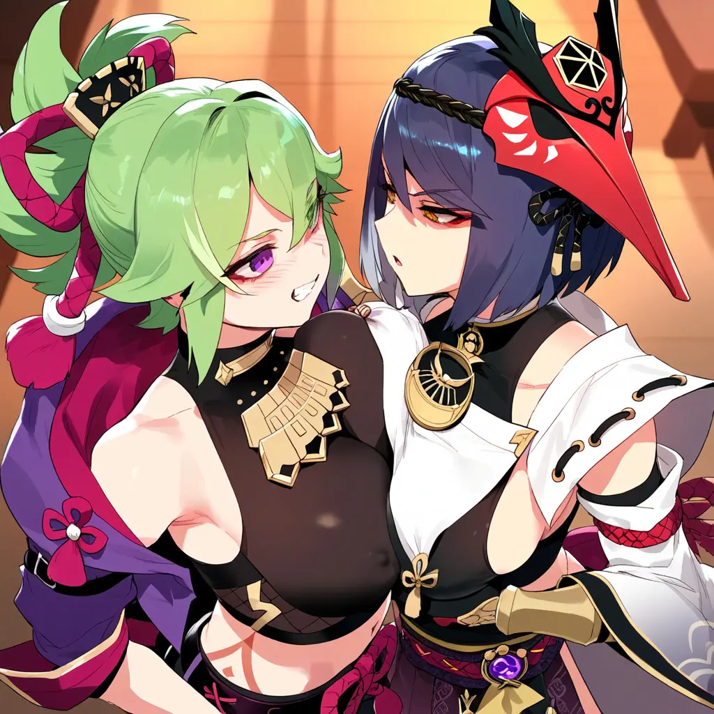 Image blush,breasts,female,hair_ornament,long_hair,2girls,gloves,beach,ai_generated,bare_shoulders,covered_nipples,grin,huge_breasts,purple_eyes,genshin_impact,green_hair,yuri,breast_press,kujou_sara,kuki_shinobu,thiccwithaq_(ai_style),boob_squish,symmetrical_docking,depressu