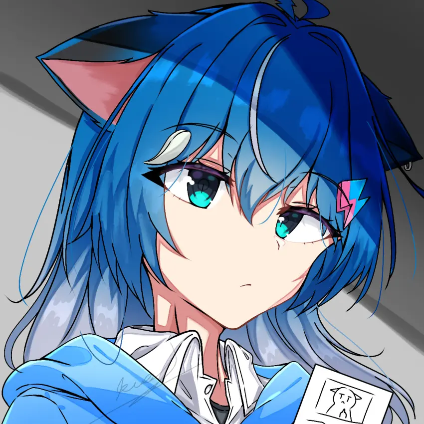 Image female,highres,looking_at_viewer,animal_ears,blue_hair,earrings,cat_ears,artist_name,jewelry,original,light_blue_hair,holding,feline,hood,hoodie,middle_finger,non-web_source,paper,holding_paper,blue_hoodie,black_cat,light_blue_jacket