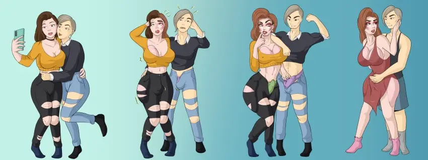 Image brown_eyes, female, 1boy, 2girls, male, crossdressing, femboy, blonde_hair, 1femboy, brown_hair, bulge, red_lipstick, red_dress, transformation, blue_jeans, black_pants, black_shirt, purple_panties, wig, fake_breasts, ftm_transformation, ripped_pants, green_panties, penis_in_panties, yellow_swimwear, penis_under_dress, female_to_male, drag_queen, diggerman, breast_forms, breast_padding, hip_forms, hip_pads, masculinization