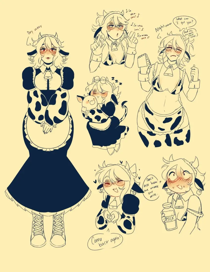 Image bikini,embarrassed,glasses,cow_print,lactation,cute,thigh_highs,artist_self-insert,wholesome,sinstarrynight,cow_bell_collar