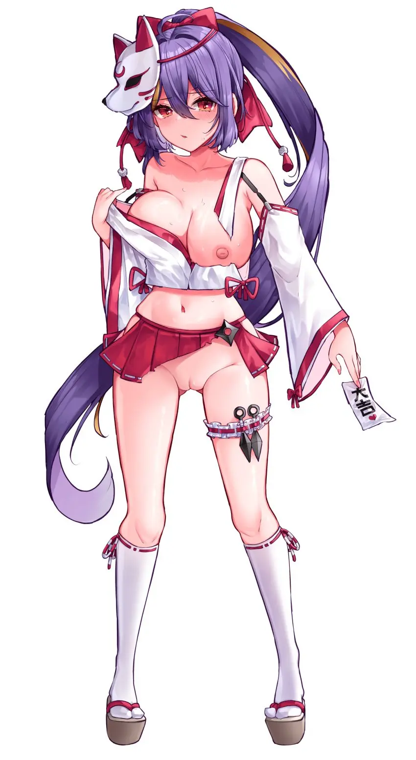 Image blush,bow,breasts,female,hairbow,highres,large_breasts,long_hair,looking_at_viewer,nipples,ofuda,open_mouth,red_eyes,shirt,simple_background,solo,standing,very_long_hair,white_background,absurdres,navel,pussy,sidelocks,sweat,uncensored,cleavage,collarbone,midriff,ass_visible_through_thighs,socks,detached_sleeves,ahoge,purple_hair,hair_between_eyes,miniskirt,skirt,no_panties,white_shirt,hair_intakes,sleeveless,sleeveless_shirt,pleated_skirt,commentary_request,alternate_costume,holding,torn_clothes,high_ponytail,full_body,shuriken,weapon,commission,pixiv_commission,tassel,kunai,sandals,crop_top,mask,torn_skirt,white_socks,red_skirt,red_bow,torn_shirt,nontraditional_miko,white_sleeves,long_bangs,mahjong_soul,brown_footwear,fox_mask,mask_on_head,a_re,ransei_(mahjong_soul),adjusting_shirt,between_fingers,ofuda_between_fingers,okobo,ribbon-trimmed_socks