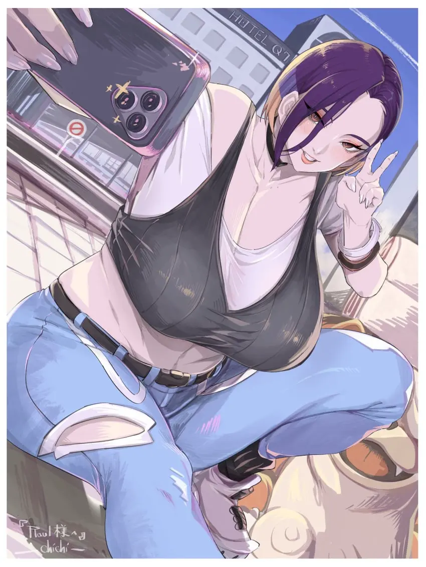 Image 1girls,big_breasts,breasts,female,large_breasts,pokemon,voluptuous,cleavage,huge_breasts,busty,nintendo,alternate_breast_size,pokemon_sv,game_freak,peace_sign,pokemon_(game),v_sign,perrin_(pokemon),chichi8181,chichi_8181