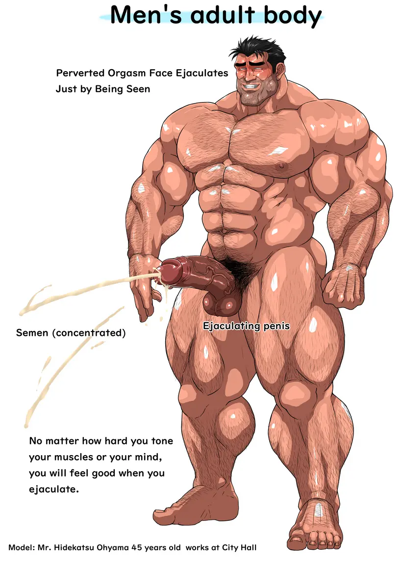 Image smile,solo,1boy,cum,male,nude,penis,erection,muscular,male_only,yaoi,balls,text,ejaculation,handsfree_ejaculation,bara,orgasm,solo_male,hands-free,boner,muscles,body_hair,smiling_male,hitenmaru