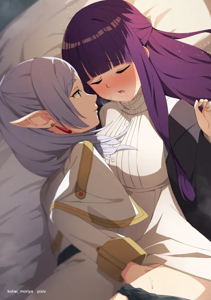 Image blush,breasts,female,female_only,large_breasts,long_hair,long_sleeves,open_clothes,open_mouth,2girls,blunt_bangs,multiple_girls,sidelocks,sweat,earrings,watermark,artist_name,jewelry,dress,elf,pointy_ears,closed_eyes,on_bed,purple_hair,bed,twintails,white_dress,looking_at_another,yuri,frieren,sousou_no_frieren,pillow,fern_(sousou_no_frieren),open_coat,coat,kohei_moriya