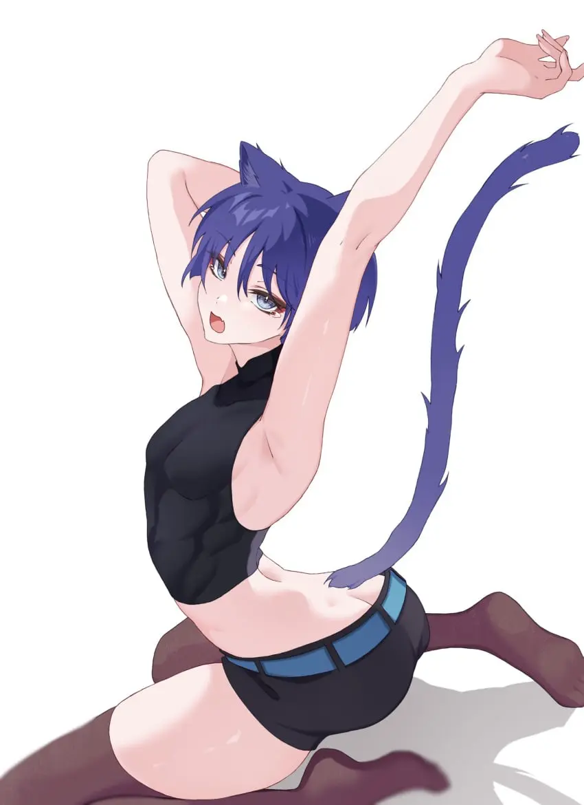 Image clothed, looking_at_viewer, solo, 1boy, blue_eyes, blue_hair, male, thighhighs, ass, cat_ears, armpits, male_only, arms_up, cat_tail, genshin_impact, shorts, twink, stretching, butt_crack, catboy, scaramouche_(genshin_impact), chobonu