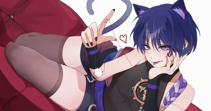 Image blush,looking_at_viewer,open_mouth,solo,1boy,blue_hair,male,thighhighs,tongue_out,tongue,thick_thighs,cat_ears,femboy,male_only,tagme,nail_polish,purple_eyes,cat_tail,genshin_impact,shorts,girly,twink,catboy,scaramouche_(genshin_impact),male_with_painted_nails,zettai_ryouiki,chobonu