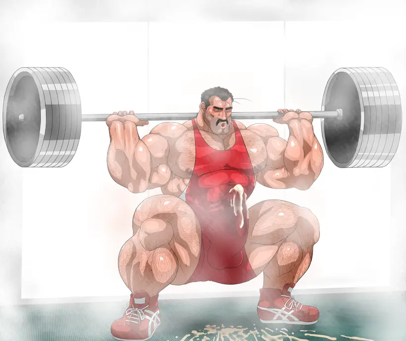 Image solo,cum,male,penis,sweat,erection,muscular,male_only,yaoi,balls,bara,erection_under_clothes,sweating,solo_male,boner,muscles,cum_through_clothes,facial_hair,after_orgasm,moustache,musk,singlet,weightlifting,hitenmaru