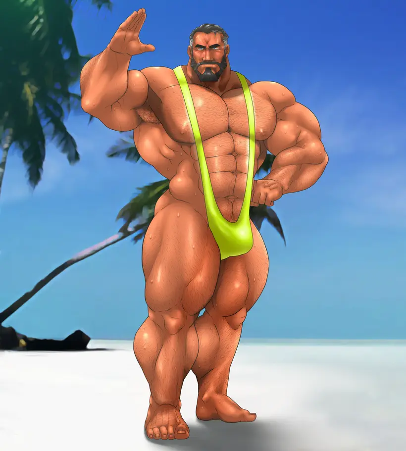 Image solo,male,penis,sweat,muscular,male_only,yaoi,balls,bara,bulge,flaccid,sweating,solo_male,beard,muscles,facial_hair,banana_hammock,green_mankini,mankini,hitenmaru,lime_mankini